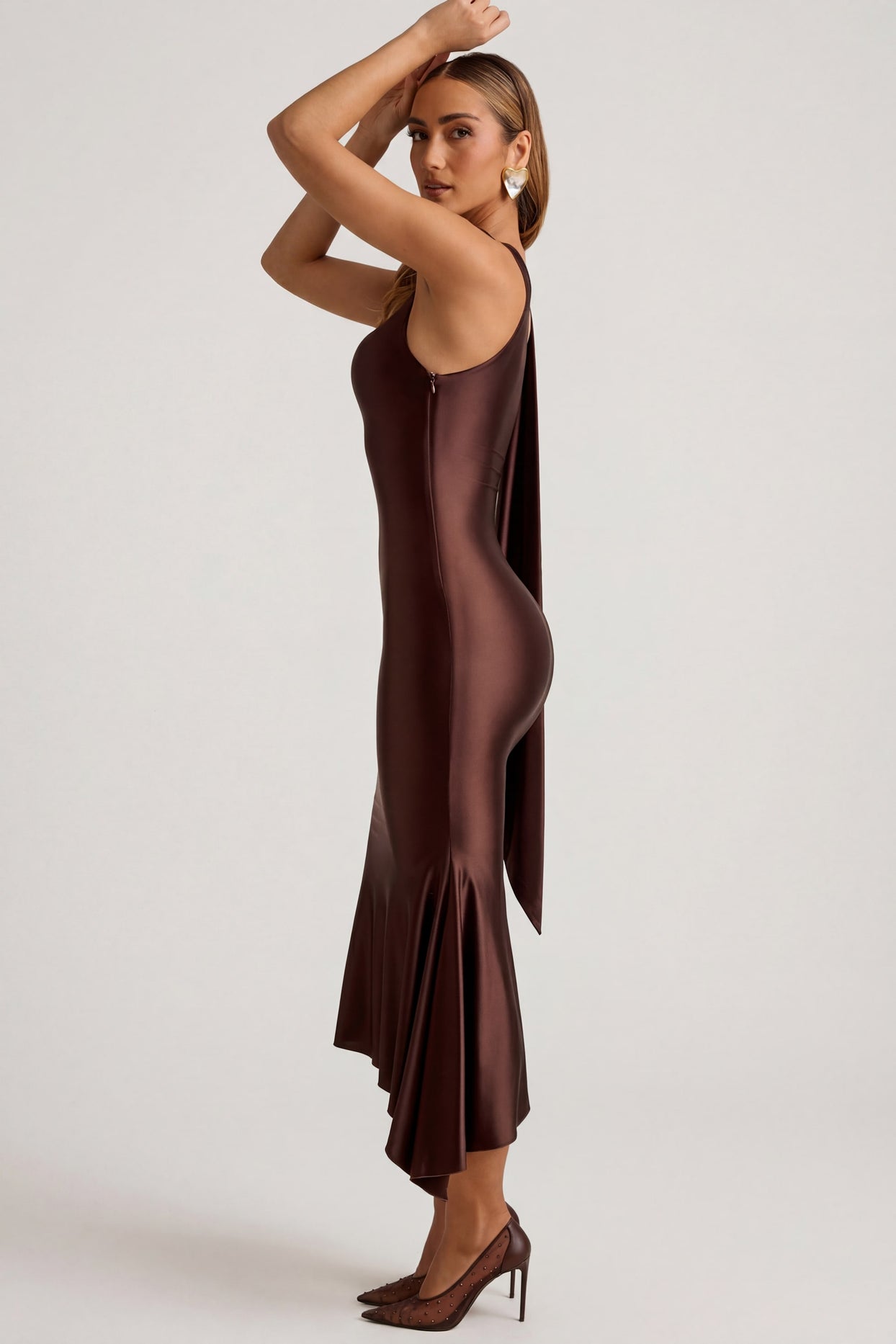 Asymmetric Scarf-Detail Midaxi Dress in Chocolate Brown - 4