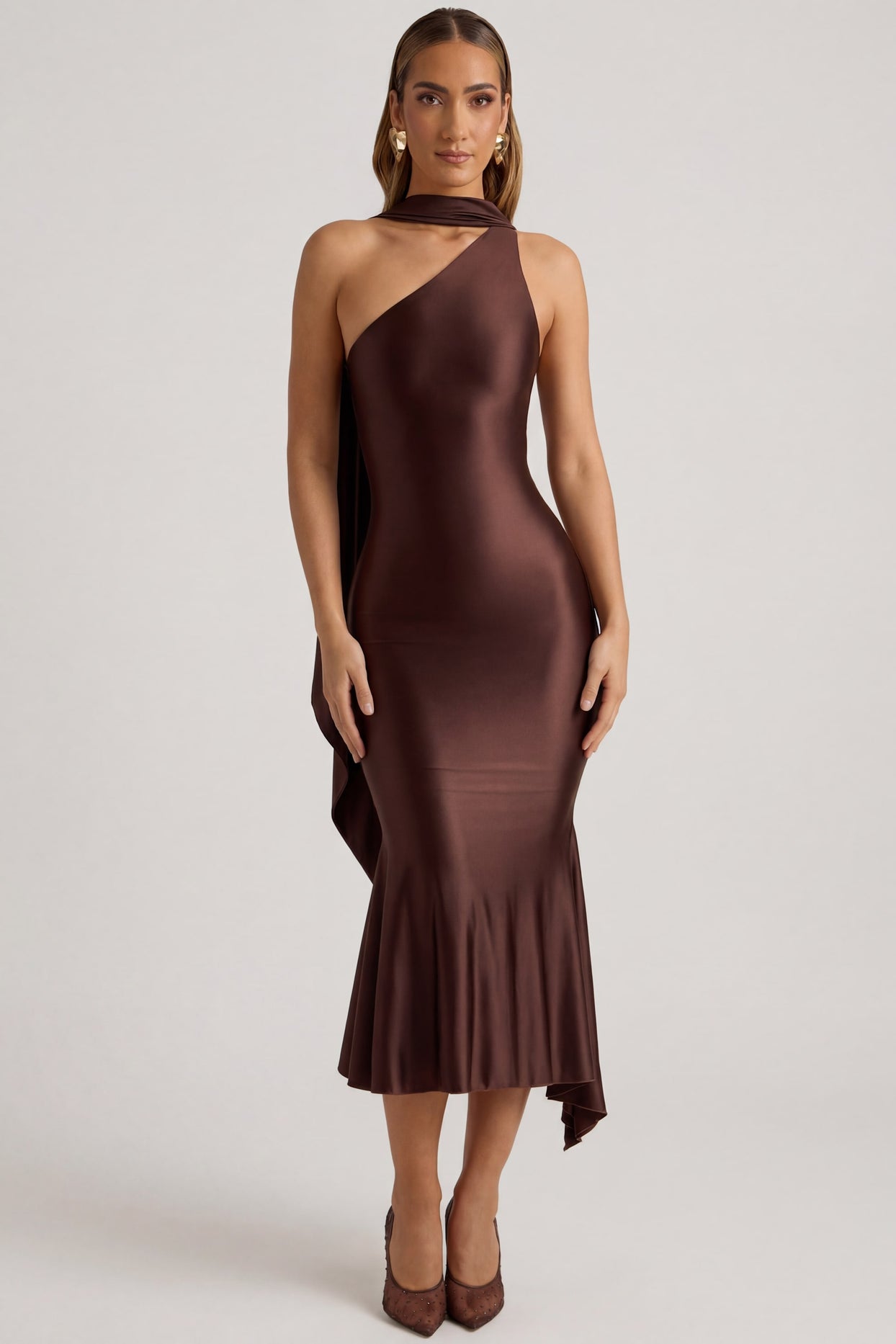 Asymmetric Scarf-Detail Midaxi Dress in Chocolate Brown - 6