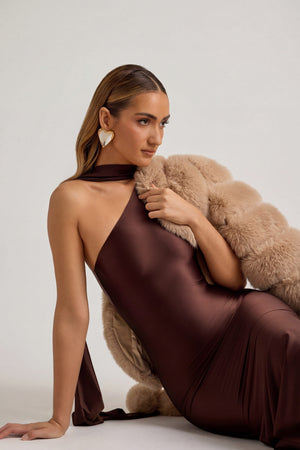 Oh Polly's Priscilla wearing the Shaya Midaxi Dress in Chocolate Brown Satin Jersey fabric perfect for upscale birthday events