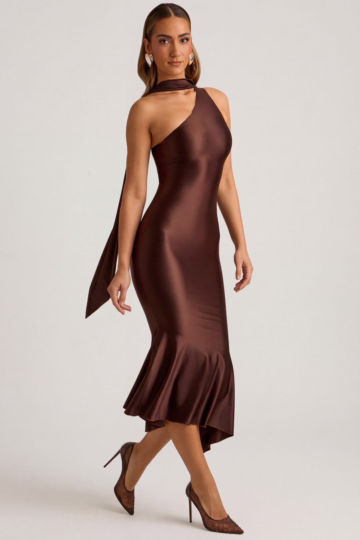 Asymmetric Scarf-Detail Midaxi Dress in Chocolate Brown - 8