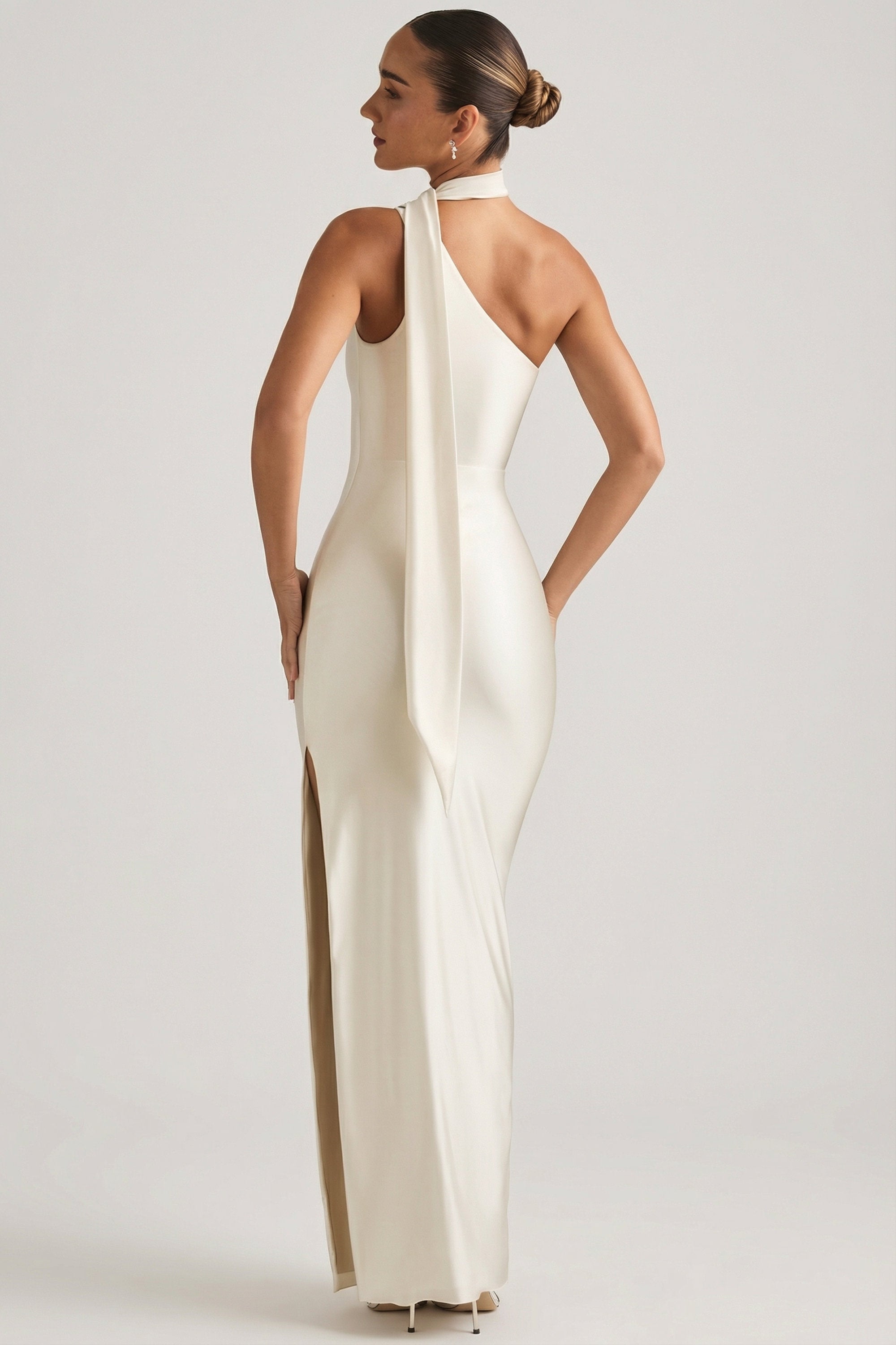 Shaya Asymmetric Scarf-Detail Midaxi Dress in Ivory