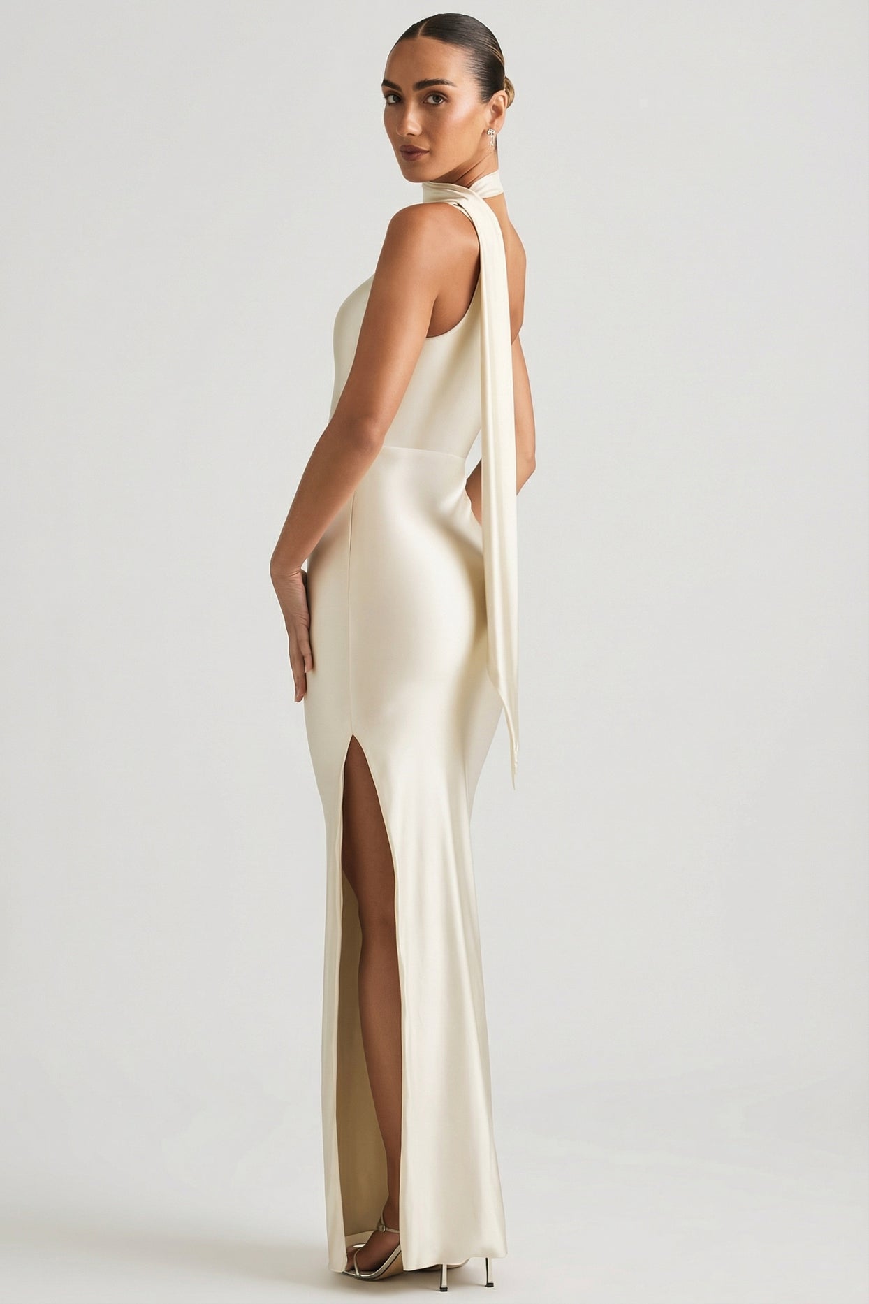 Asymmetric Scarf-Detail Maxi Dress in Ivory - 4