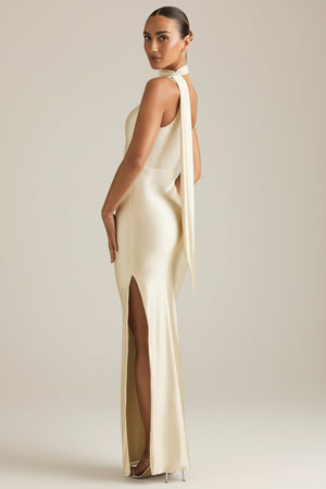 Asymmetric Scarf-Detail Maxi Dress in Ivory