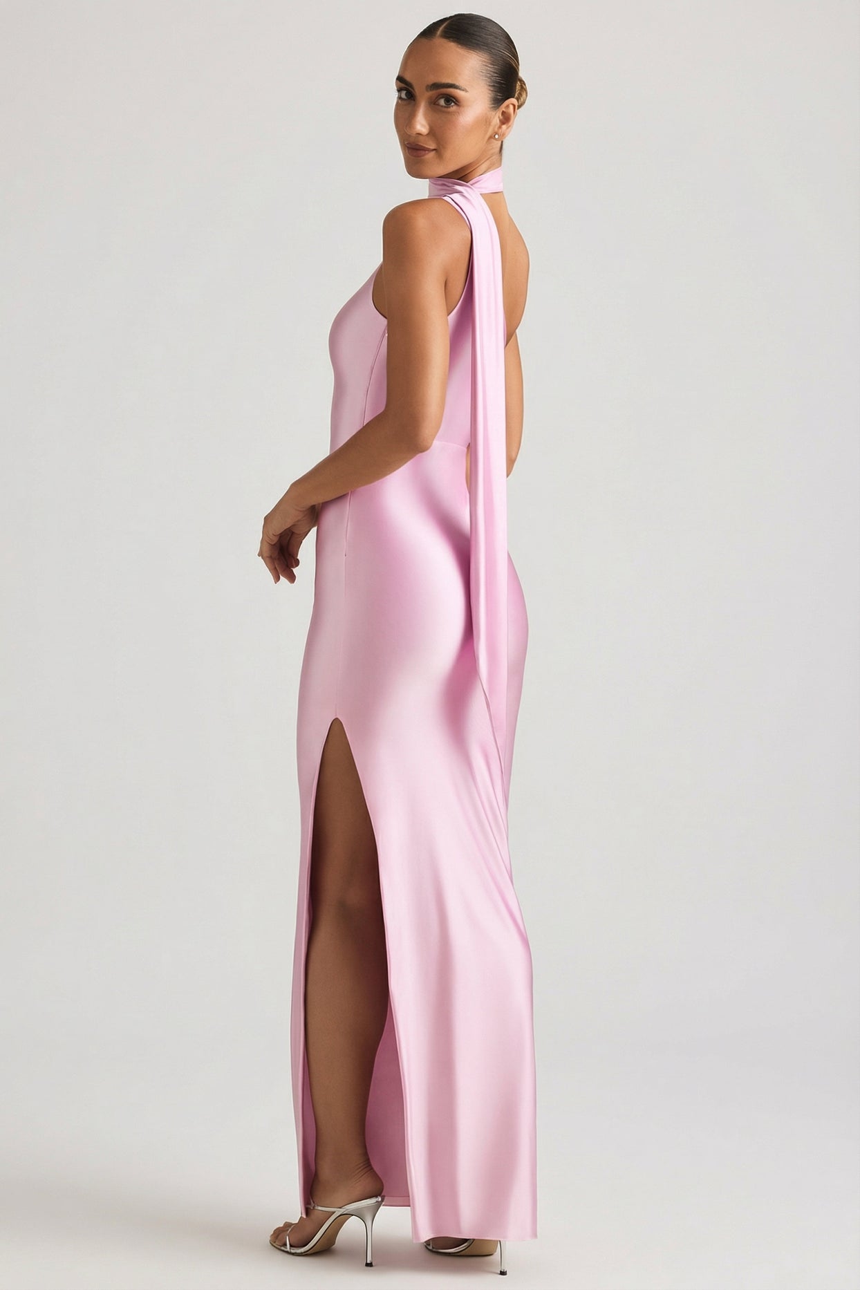 Asymmetric Scarf-Detail Maxi Dress in Soft Pink - 4