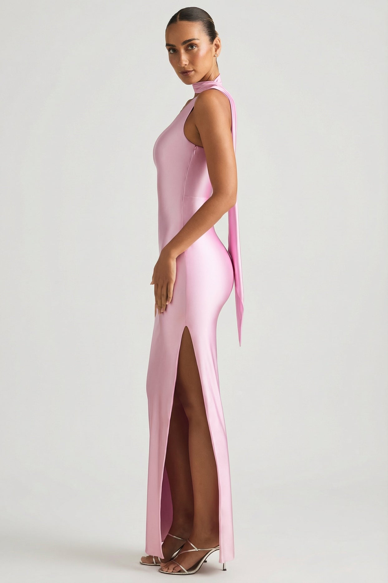 Asymmetric Scarf-Detail Maxi Dress in Soft Pink - 6