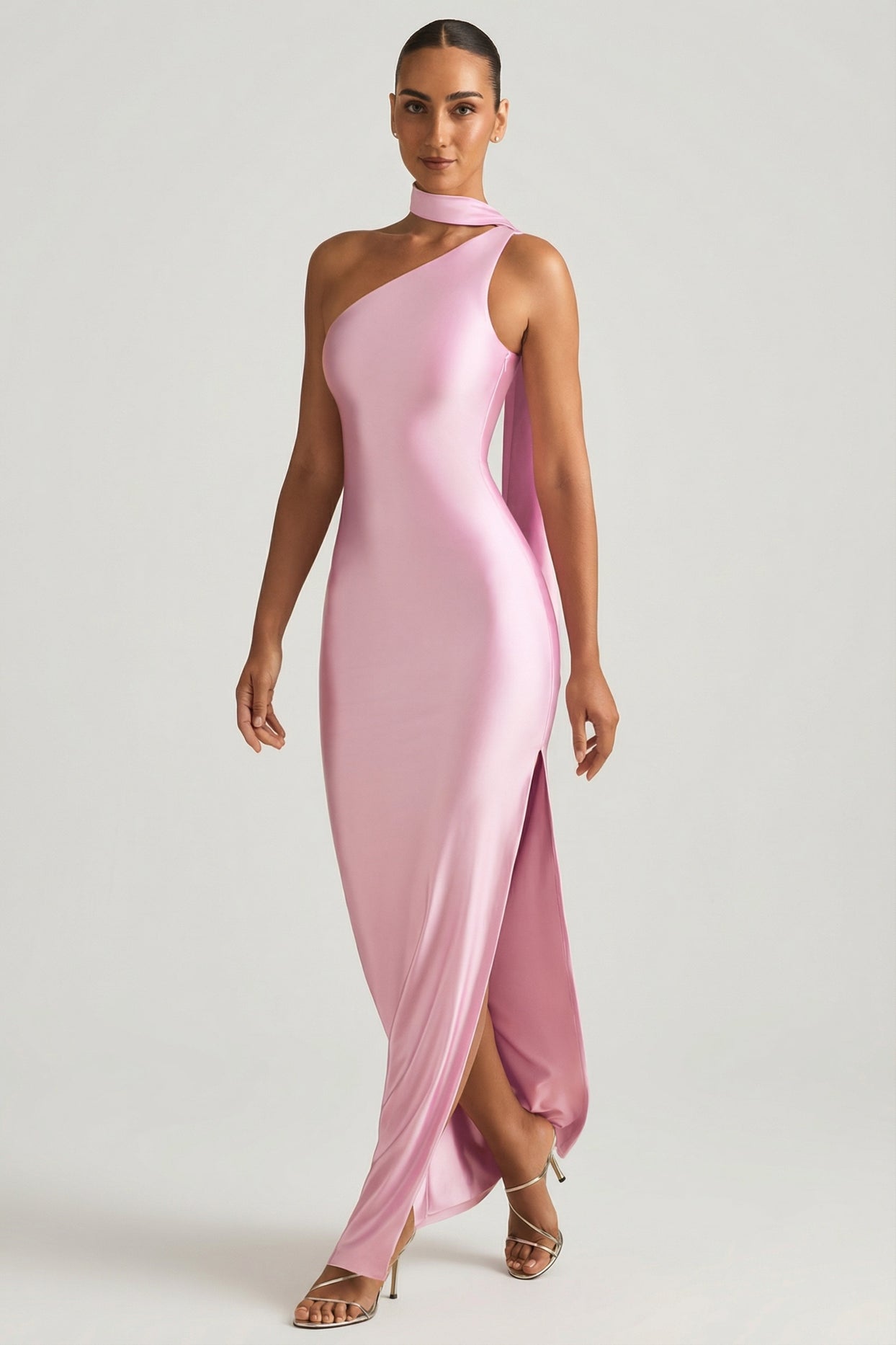 Asymmetric Scarf-Detail Maxi Dress in Soft Pink - 7