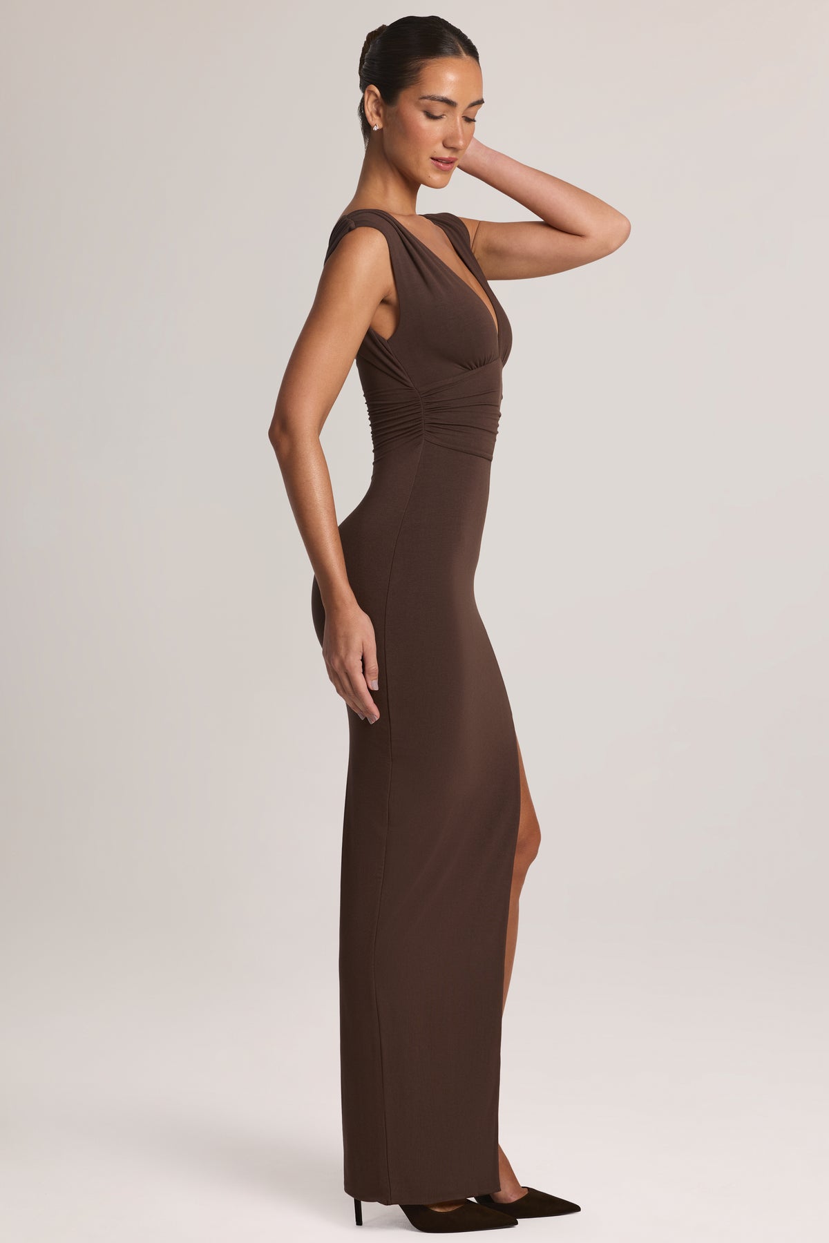 Modal Plunge-Neck Maxi Dress in Chocolate Brown