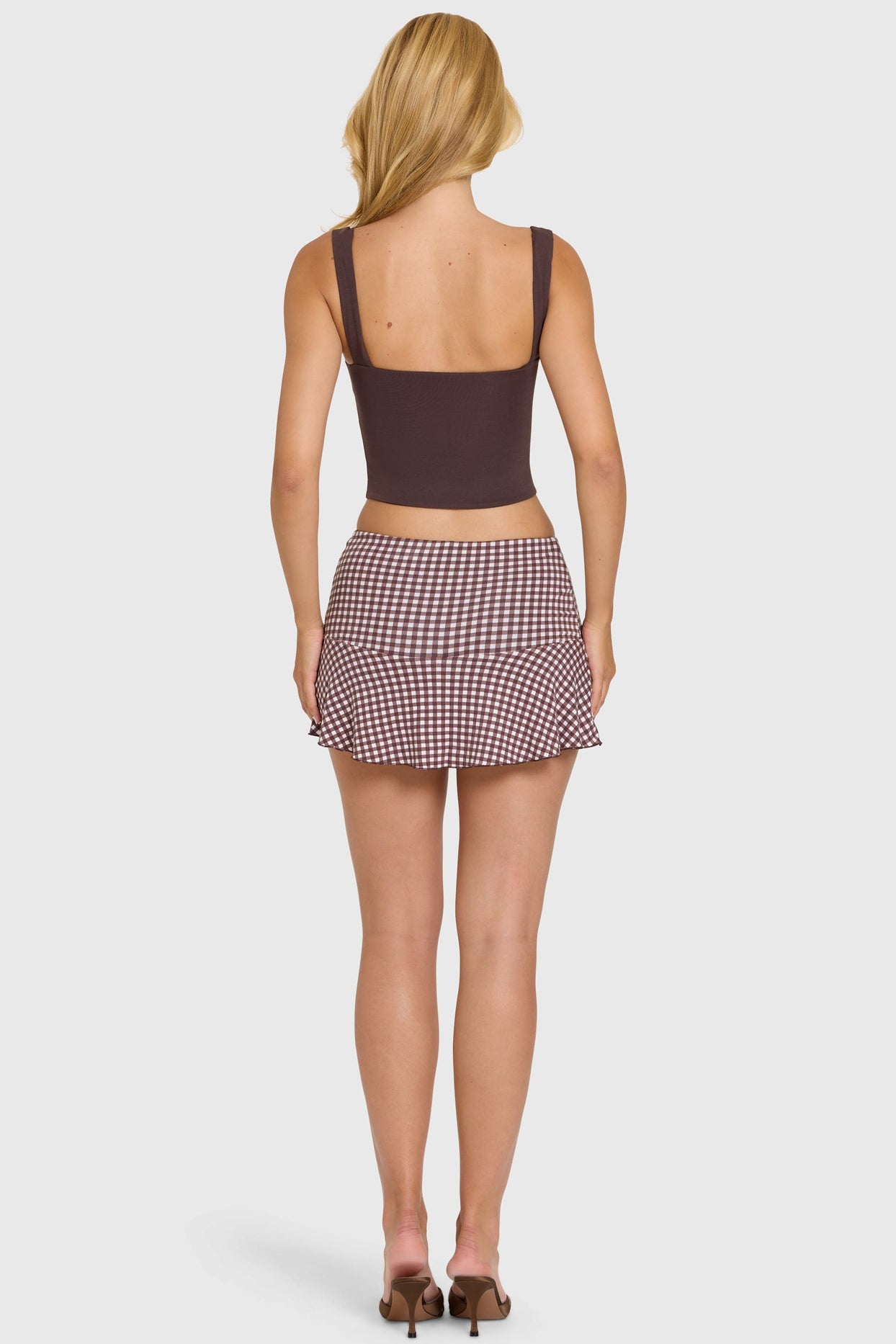 Modal Mid-Rise Skort in Brown Gingham - 6