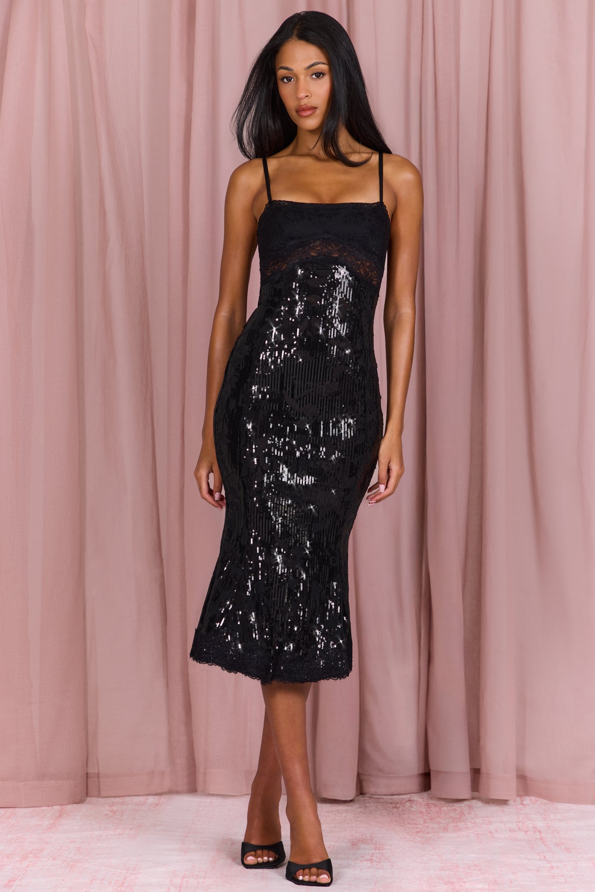 Embellished Lace-Trim Midi Dress in Black