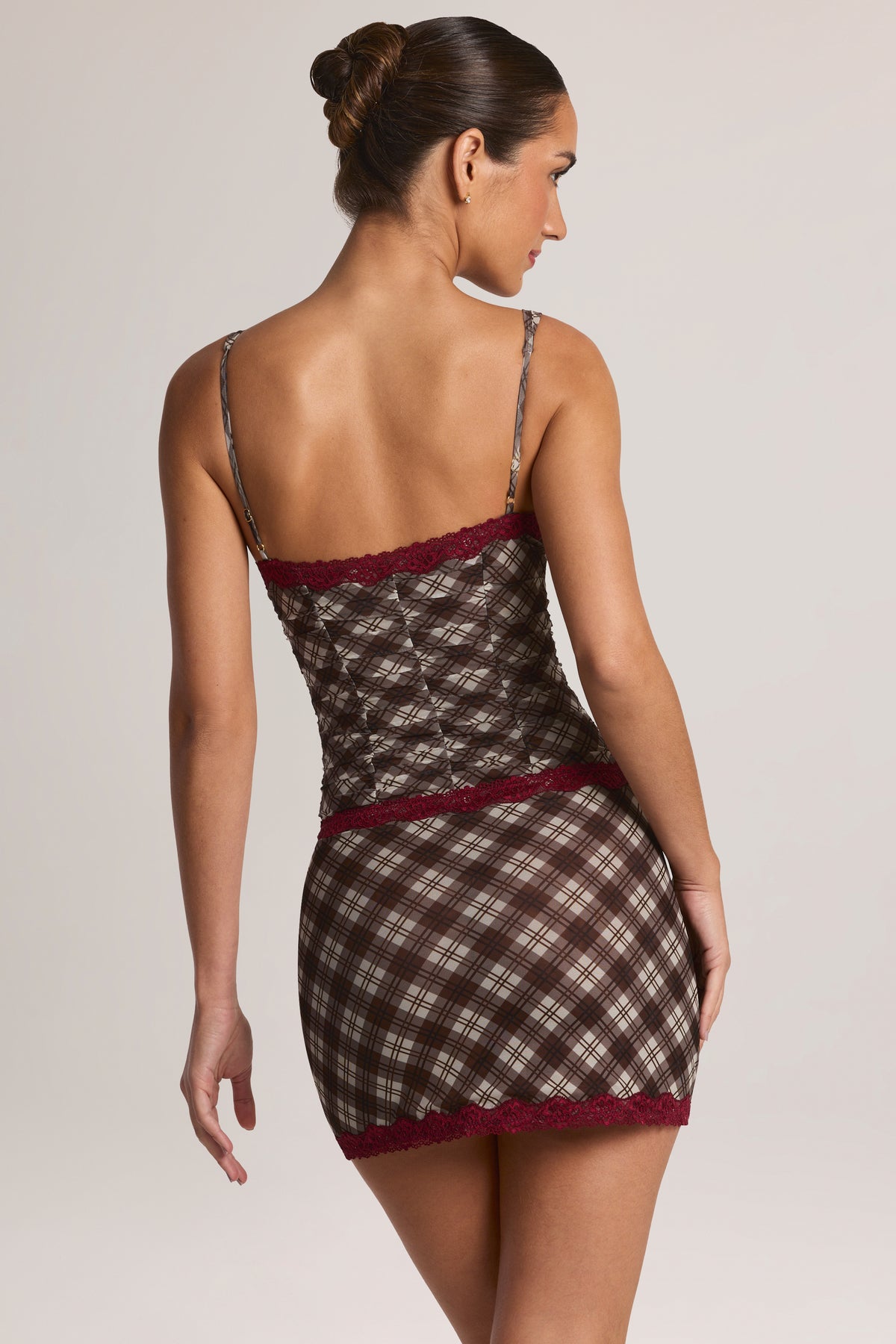 Lace-Trim Mini Dress in Diagonal Check Print