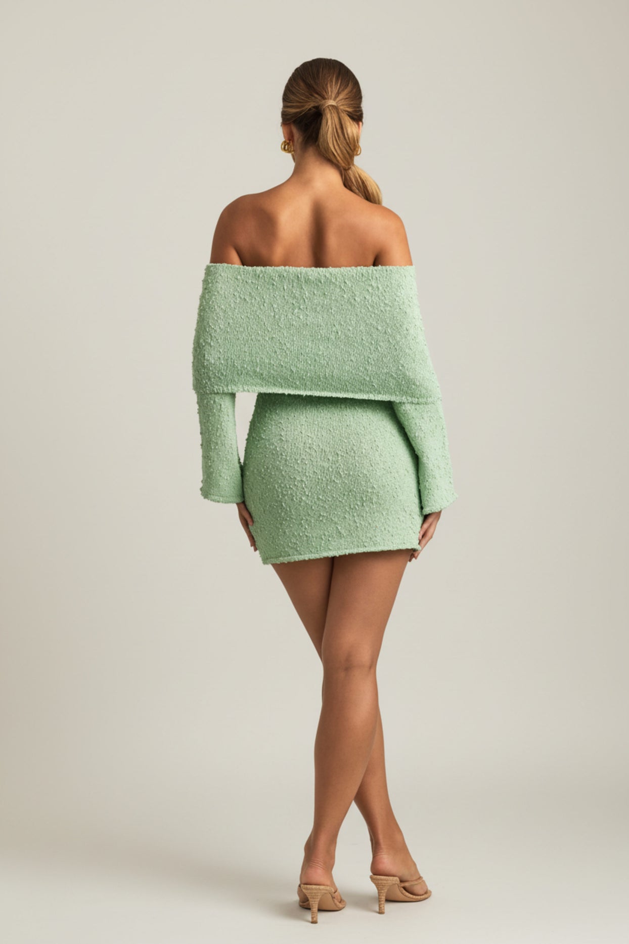 Bouclé Off-Shoulder Mini Dress in Mint - 2