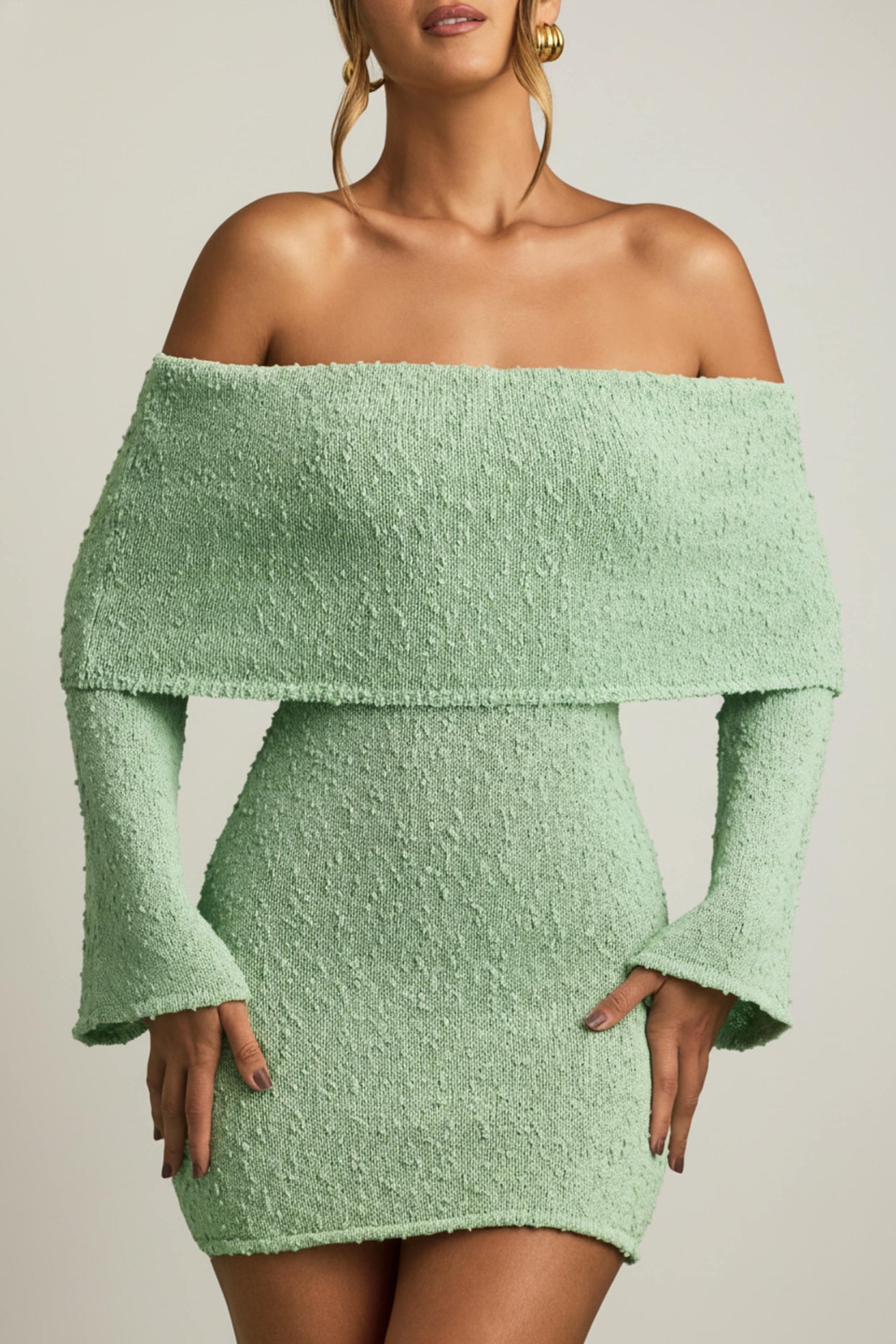 Bouclé Off-Shoulder Mini Dress in Mint - 3