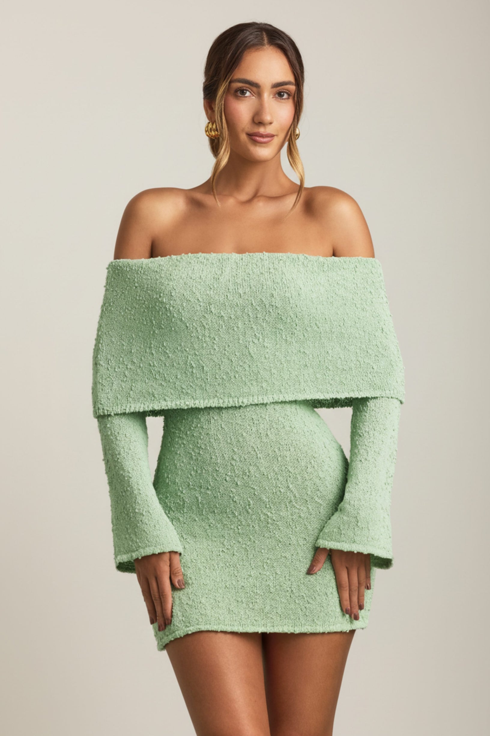 Bouclé Off-Shoulder Mini Dress in Mint - 1