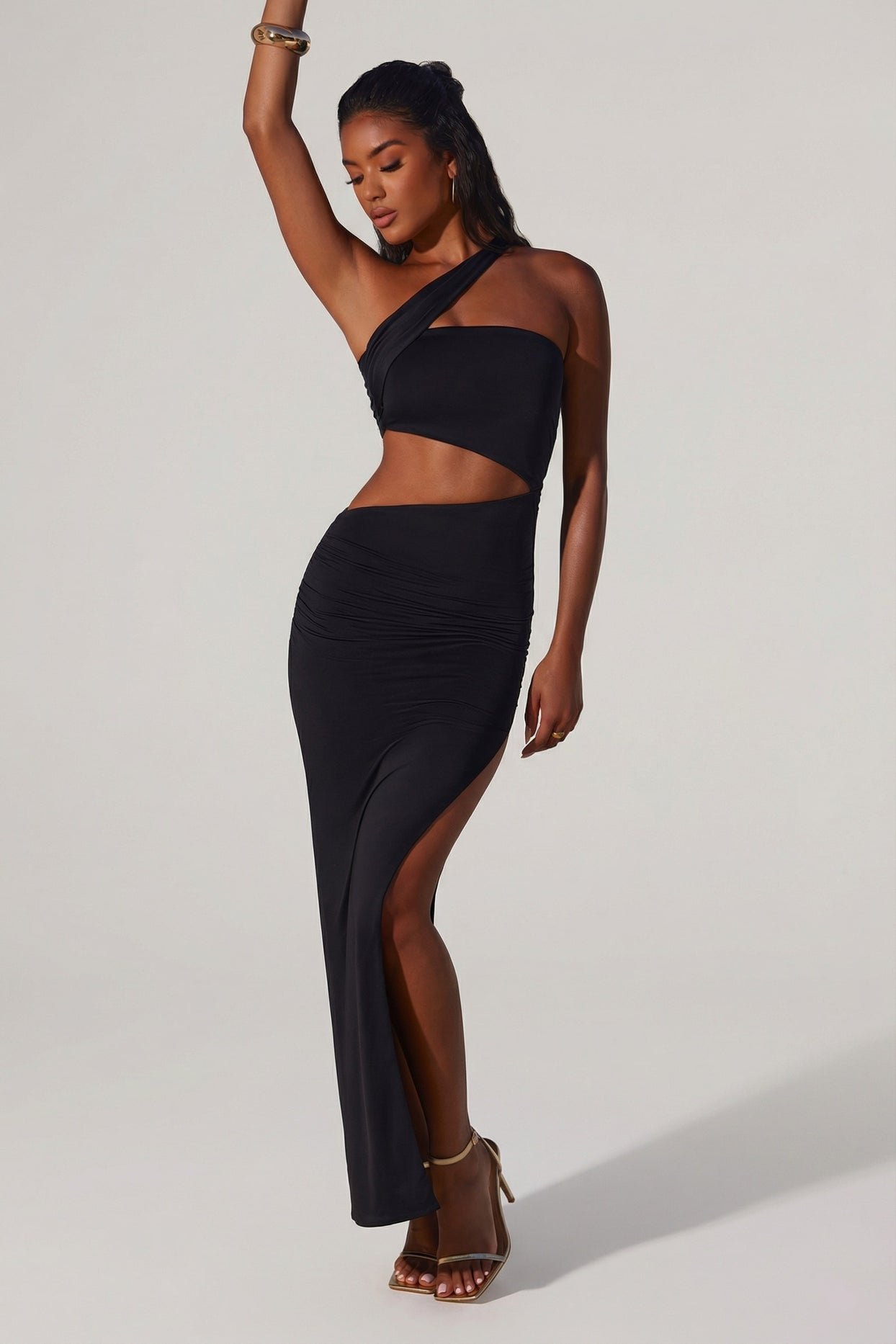 Asymmetric Neckline Ruched Cut Out Maxi Dress in Black - 5