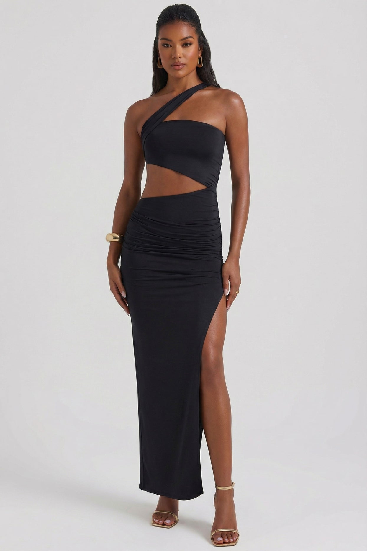 Asymmetric Neckline Ruched Cut Out Maxi Dress in Black - 6