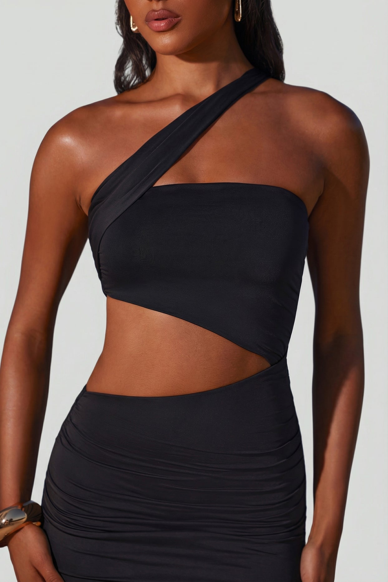 Asymmetric Neckline Ruched Cut Out Maxi Dress in Black - 4