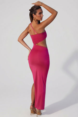 Asymmetric Neckline Ruched Cut Out Maxi Dress in Fuchsia