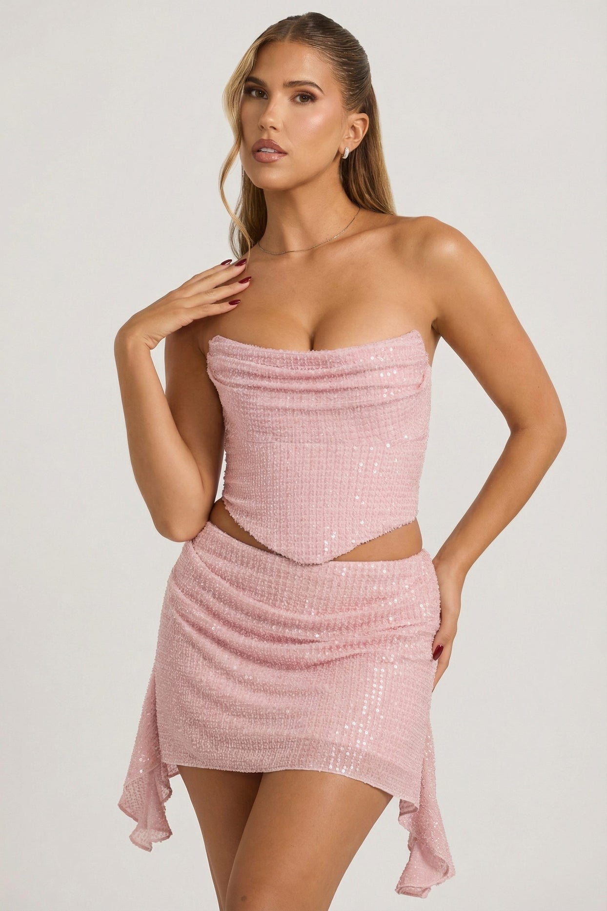 Embellished Draped Mid-Rise Mini Skirt in Lavender Pink - 6