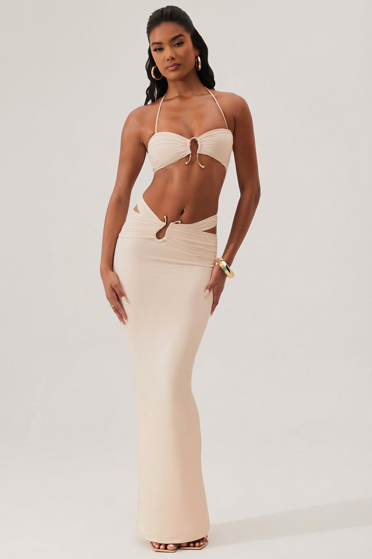 Ruched Waist Hardware Detail Maxi Skirt in Ivory - 1