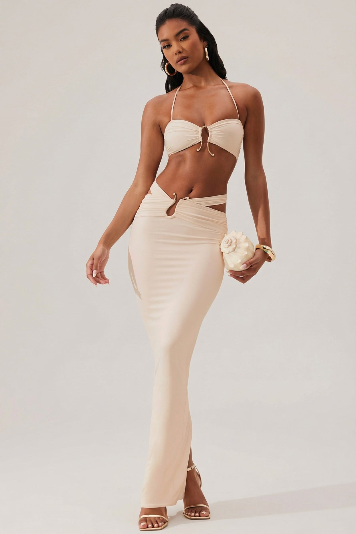 Ruched Waist Hardware Detail Maxi Skirt in Ivory - 11