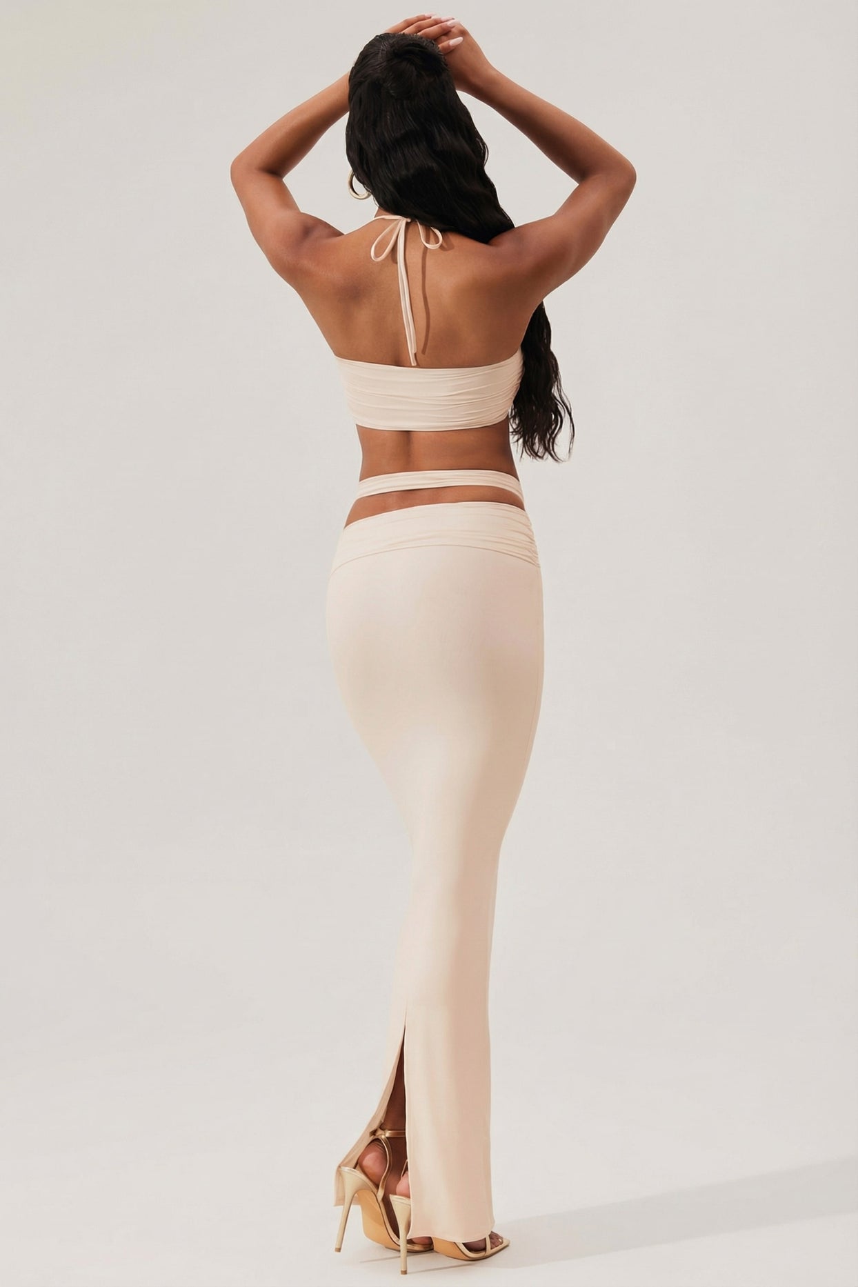 Ruched Waist Hardware Detail Maxi Skirt in Ivory - 2