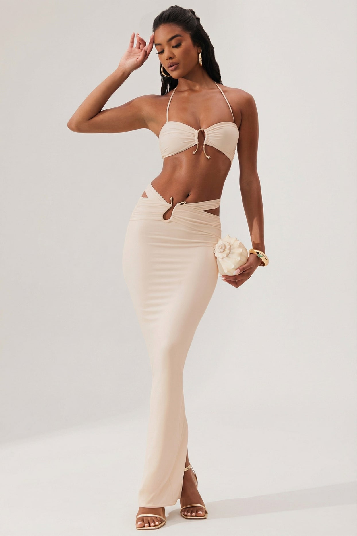 Ruched Waist Hardware Detail Maxi Skirt in Ivory - 10
