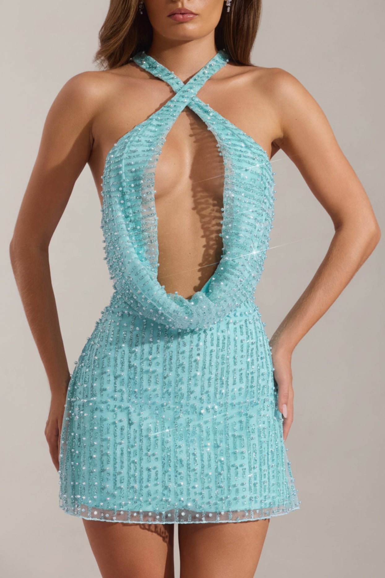 Embellished Cowl-Neck Backless Mini Dress in Aqua Blue - 3