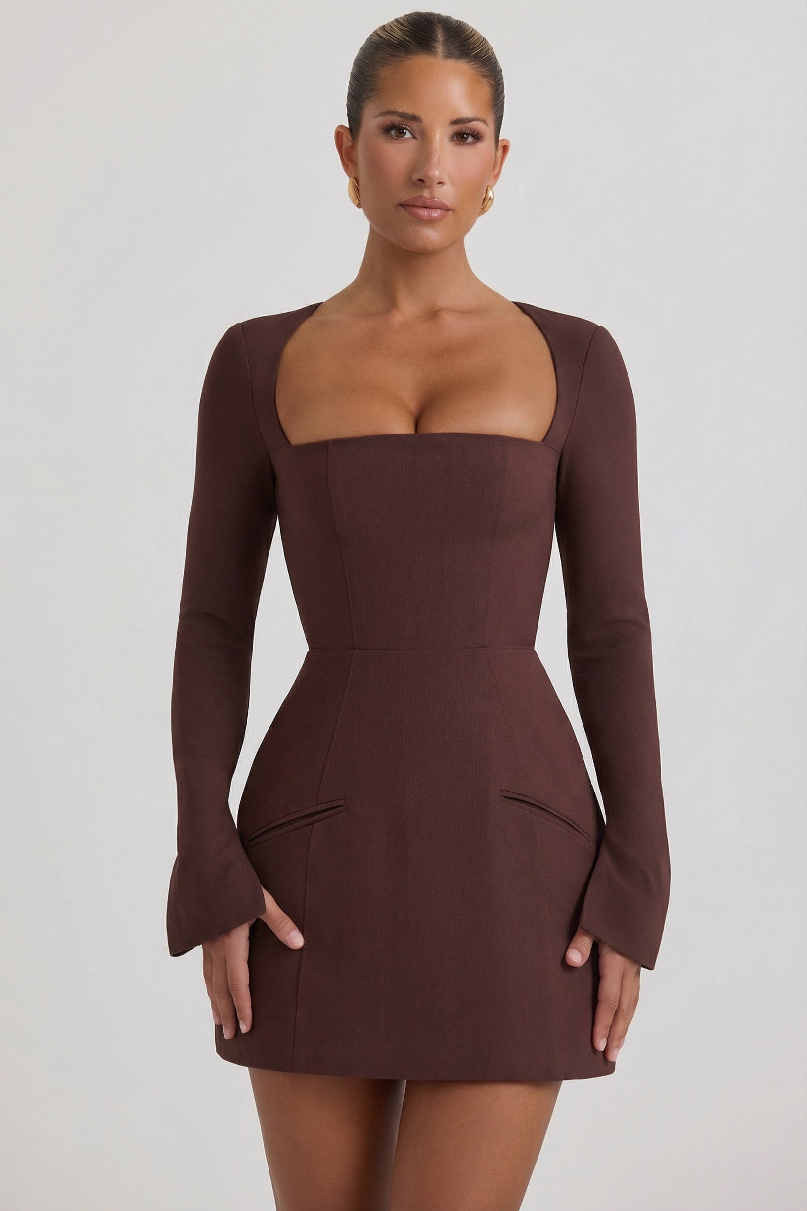Square-Neck Structured Tulip Mini Dress in Chocolate Brown - 1