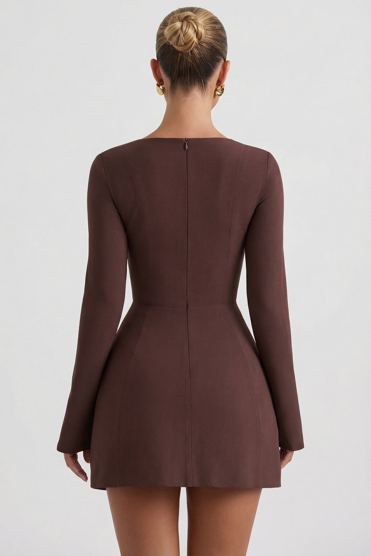 Square-Neck Structured Tulip Mini Dress in Chocolate Brown - 2