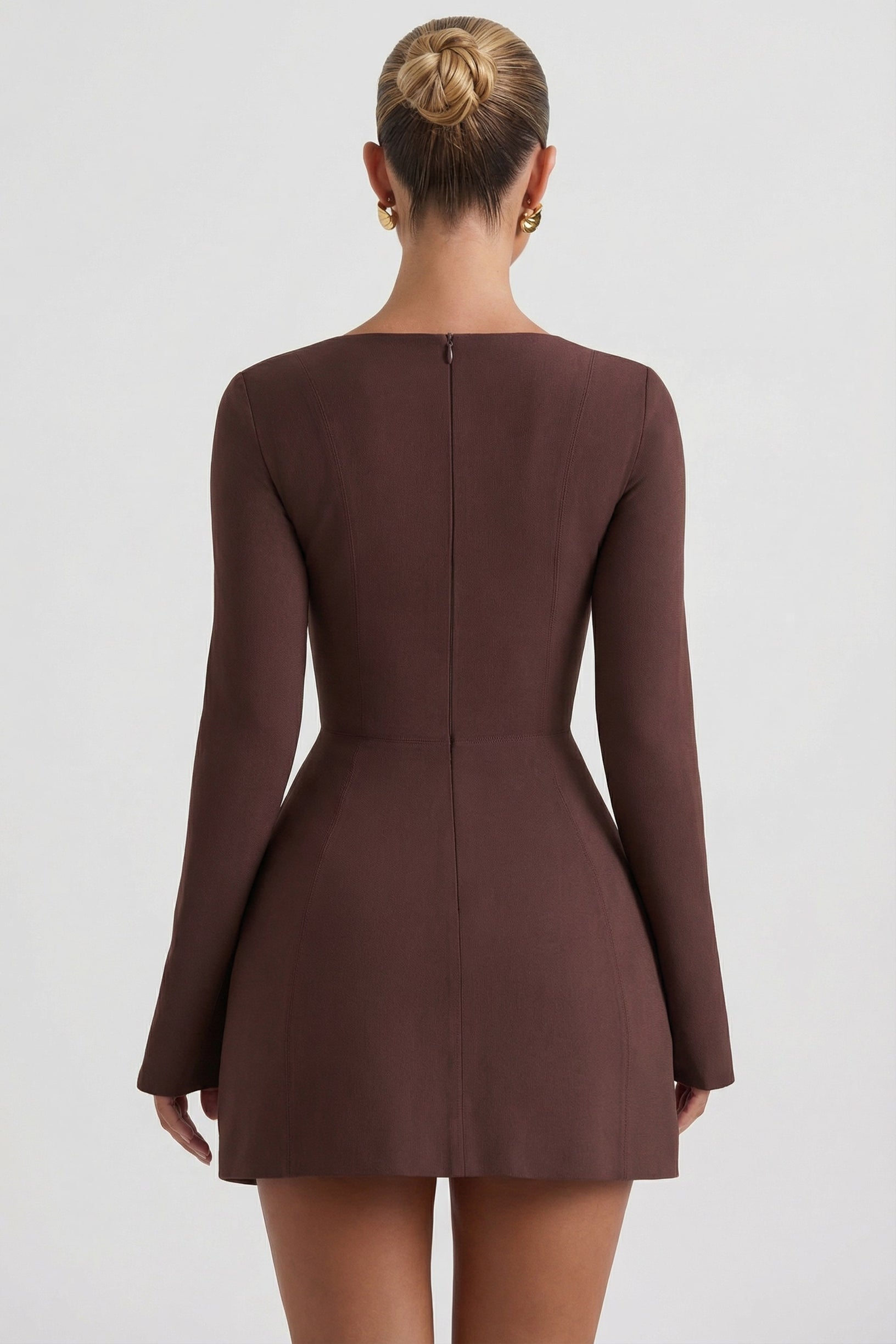 Square-Neck Structured Tulip Mini Dress in Chocolate Brown - 2