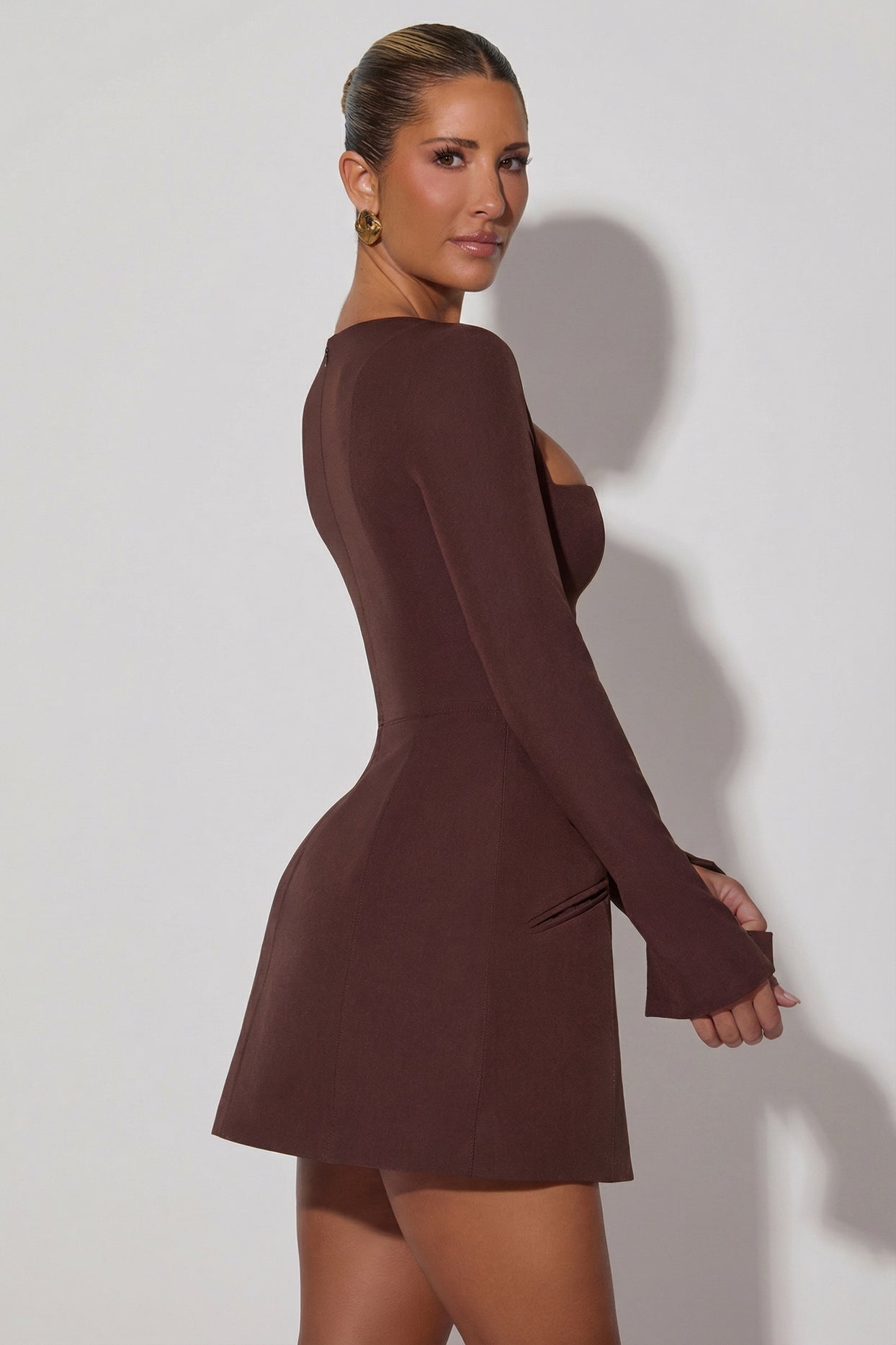 Square-Neck Structured Tulip Mini Dress in Chocolate Brown - 3