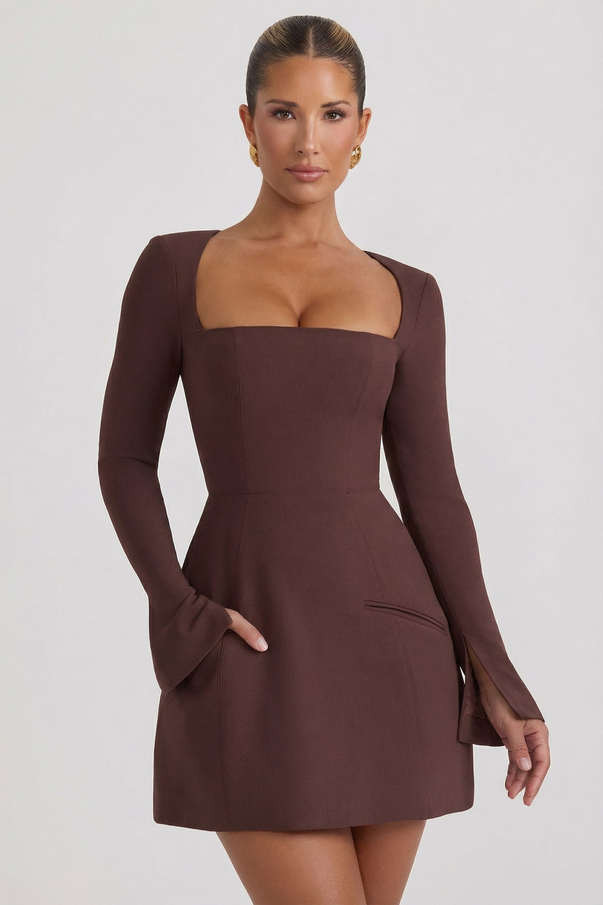 Square-Neck Structured Tulip Mini Dress in Chocolate Brown - 5