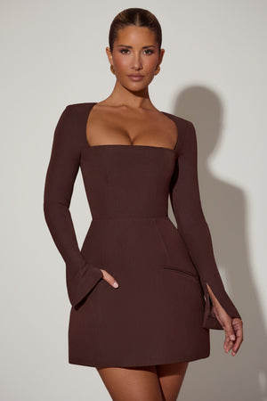 Square-Neck Structured Tulip Mini Dress in Chocolate Brown