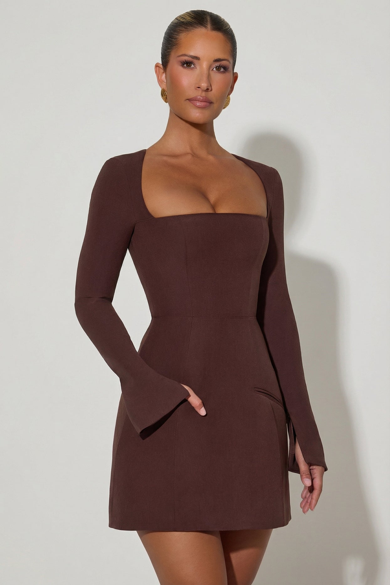 Square-Neck Structured Tulip Mini Dress in Chocolate Brown - 6