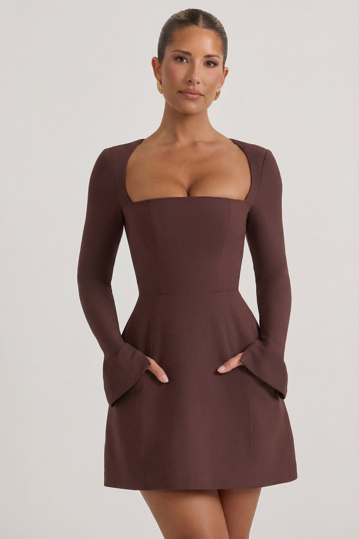 Square-Neck Structured Tulip Mini Dress in Chocolate Brown - 7