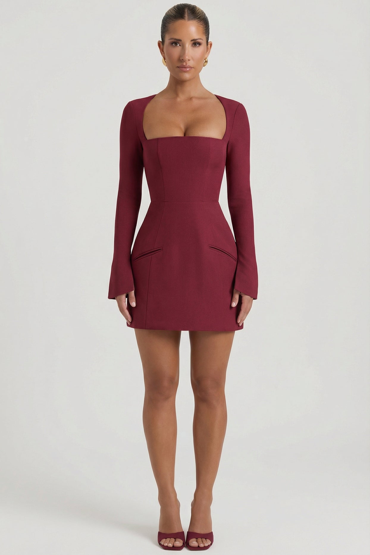Square-Neck Structured Tulip Mini Dress in Wine Red - 5