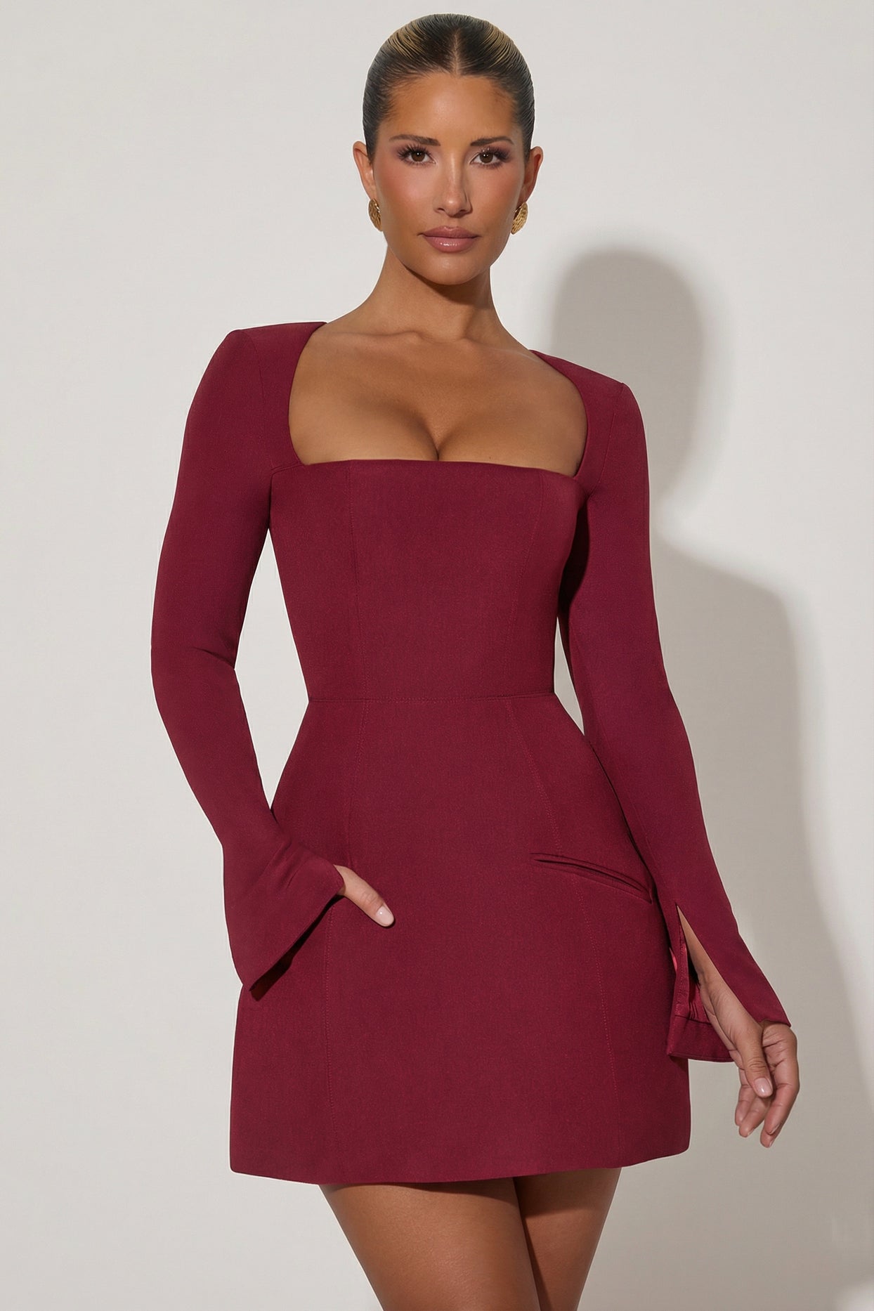 Square-Neck Structured Tulip Mini Dress in Wine Red - 1