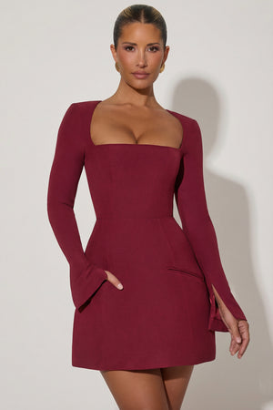 Square-Neck Structured Tulip Mini Dress in Wine Red