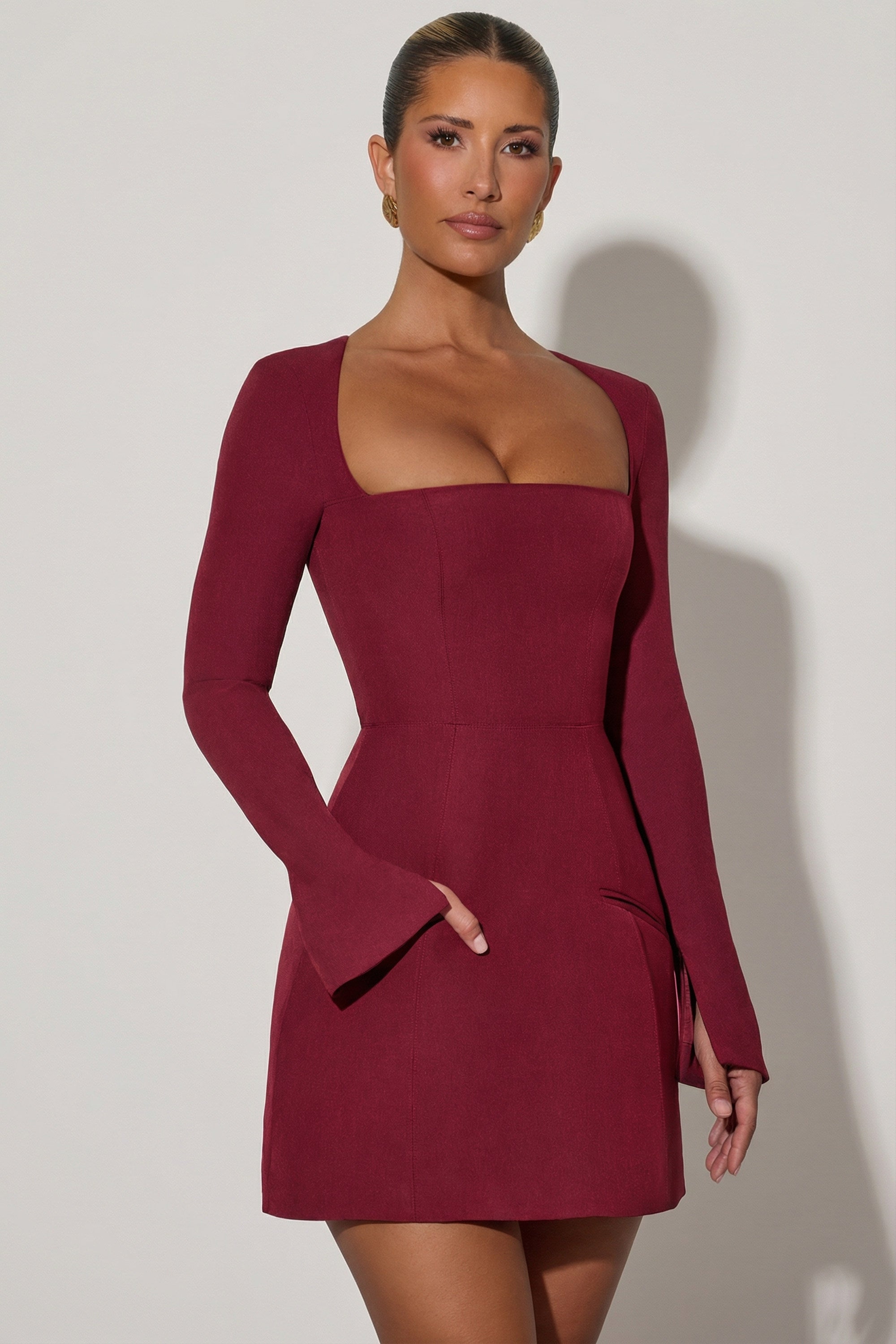 Taesha Square-Neck Structured Tulip Mini Dress in Wine Red | Oh Polly