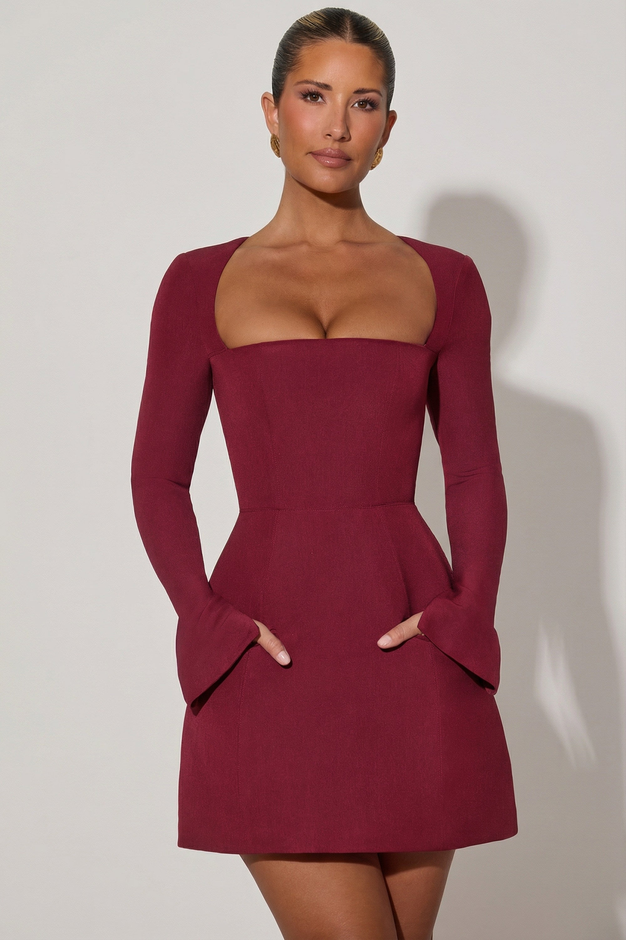 Taesha Square-Neck Structured Tulip Mini Dress in Wine Red | Oh Polly
