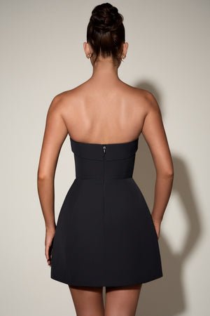 Foldover-Neck Strapless Structured A-Line Mini Dress in Black