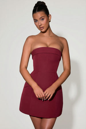 Foldover-Neck Strapless Structured A-Line Mini Dress in Wine Red