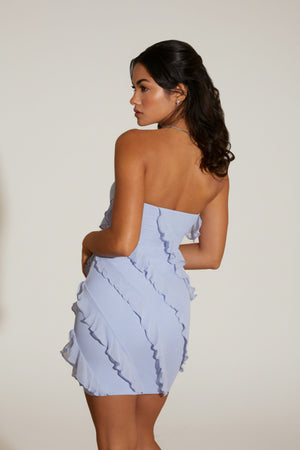 Oh Polly's Cenit wearing the Tatiana Mini Dress in Blue Mesh fabric perfect for summer parties