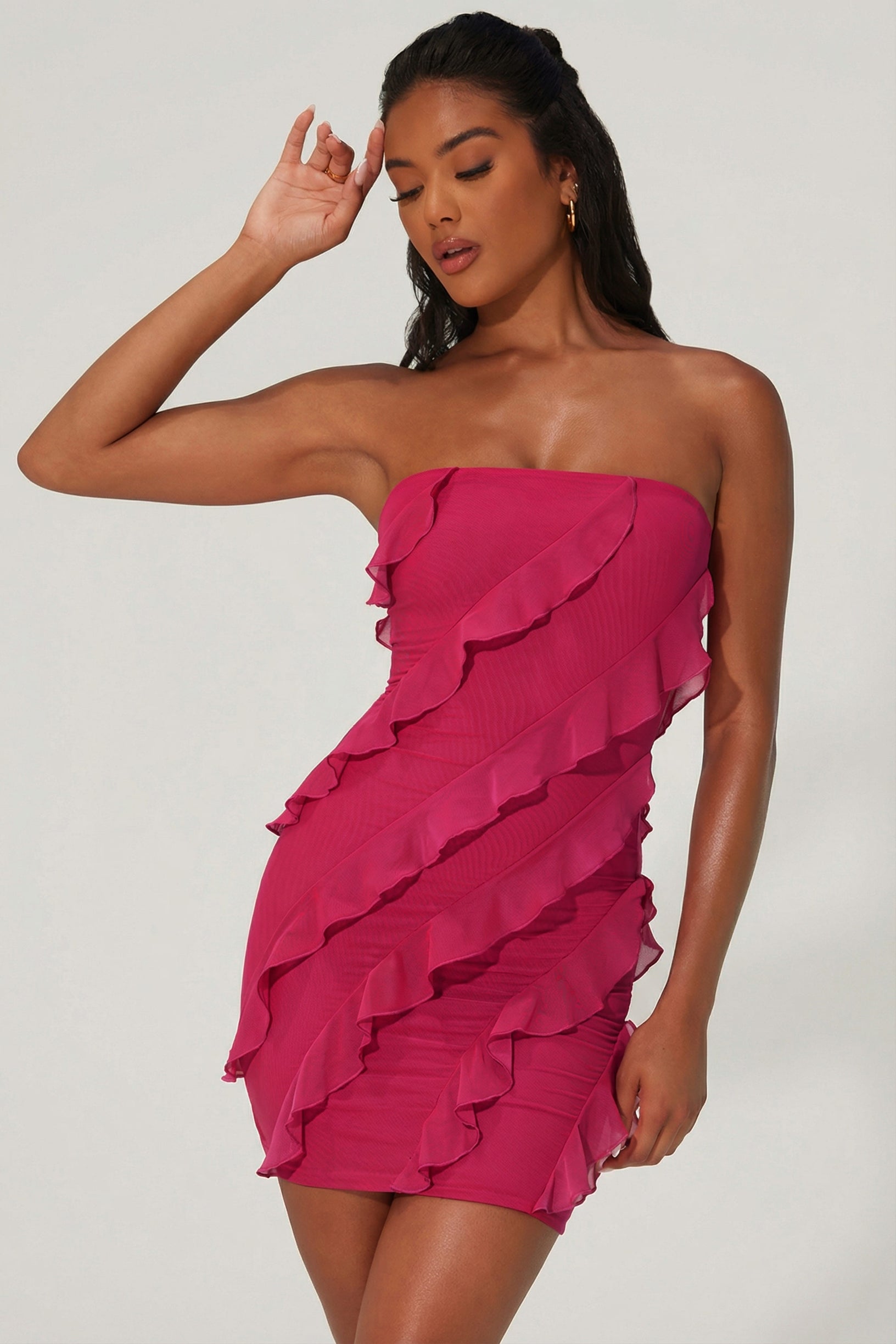 Bandeau Ruffle Detail Mini Dress in Fuchsia - 1
