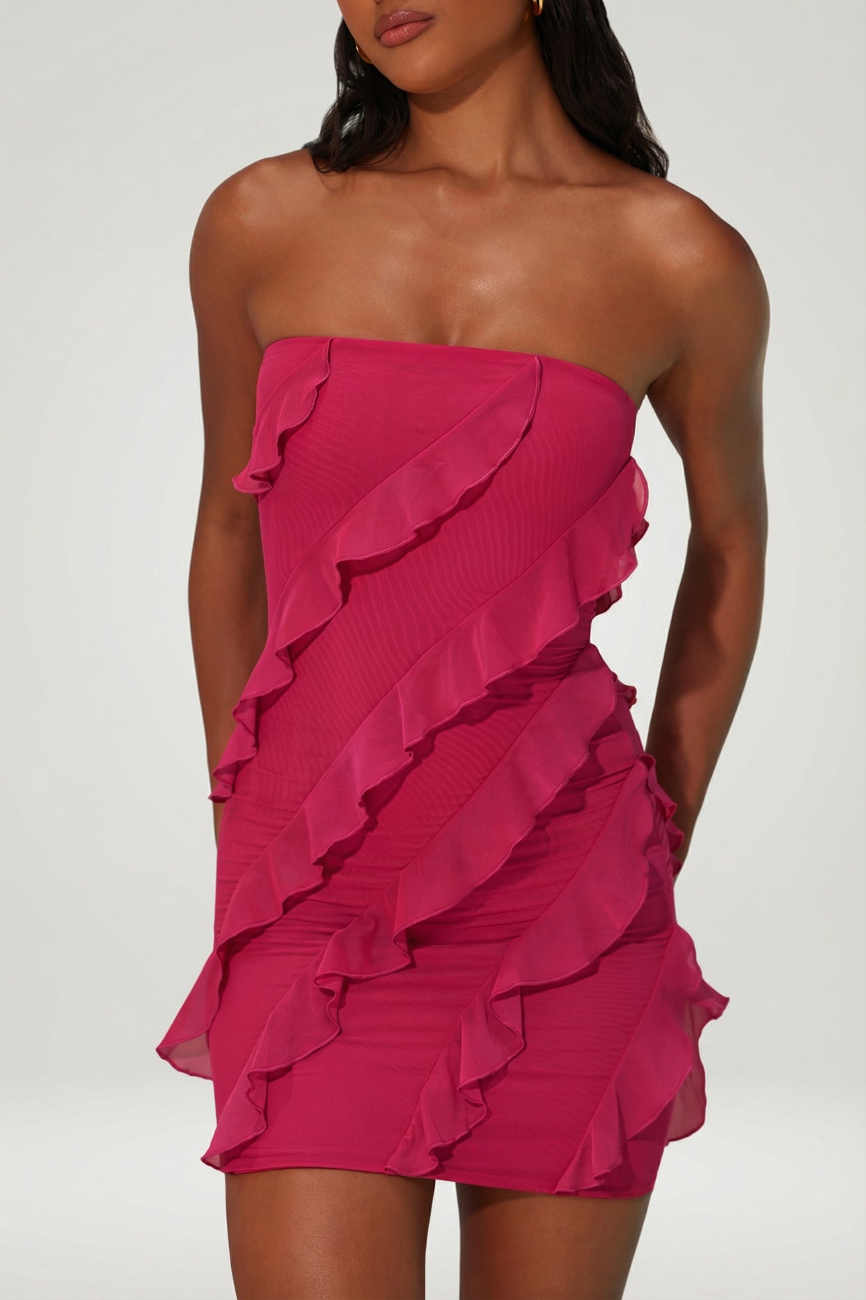 Bandeau Ruffle Detail Mini Dress in Fuchsia - 4