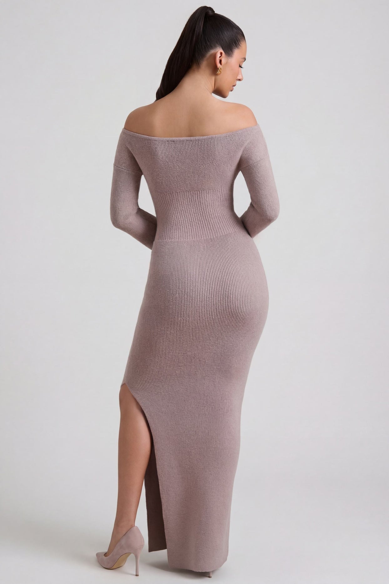 Ribbed-Knit Off-Shoulder Maxi Dress in Taupe - 5