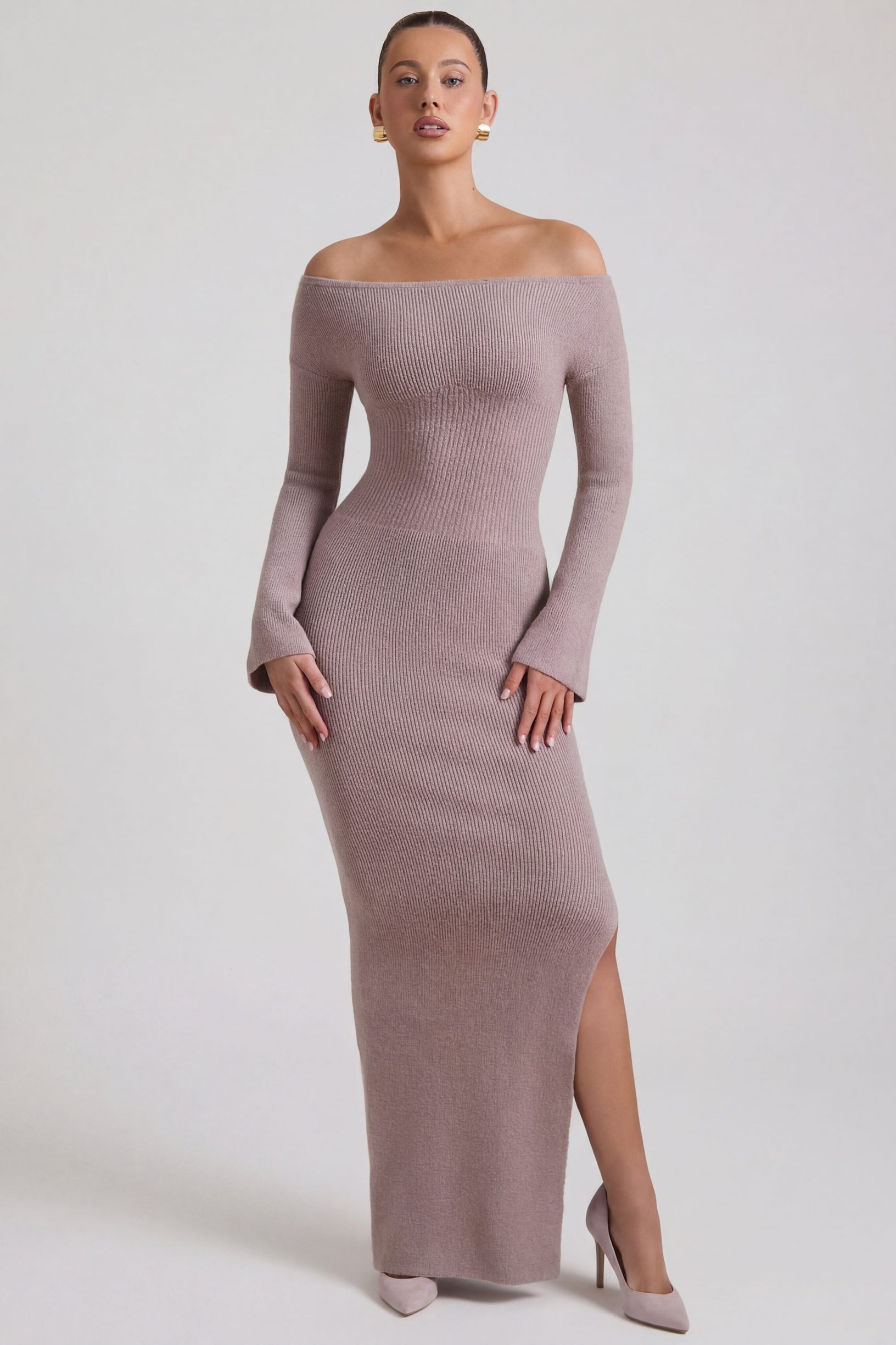 Ribbed-Knit Off-Shoulder Maxi Dress in Taupe - 1