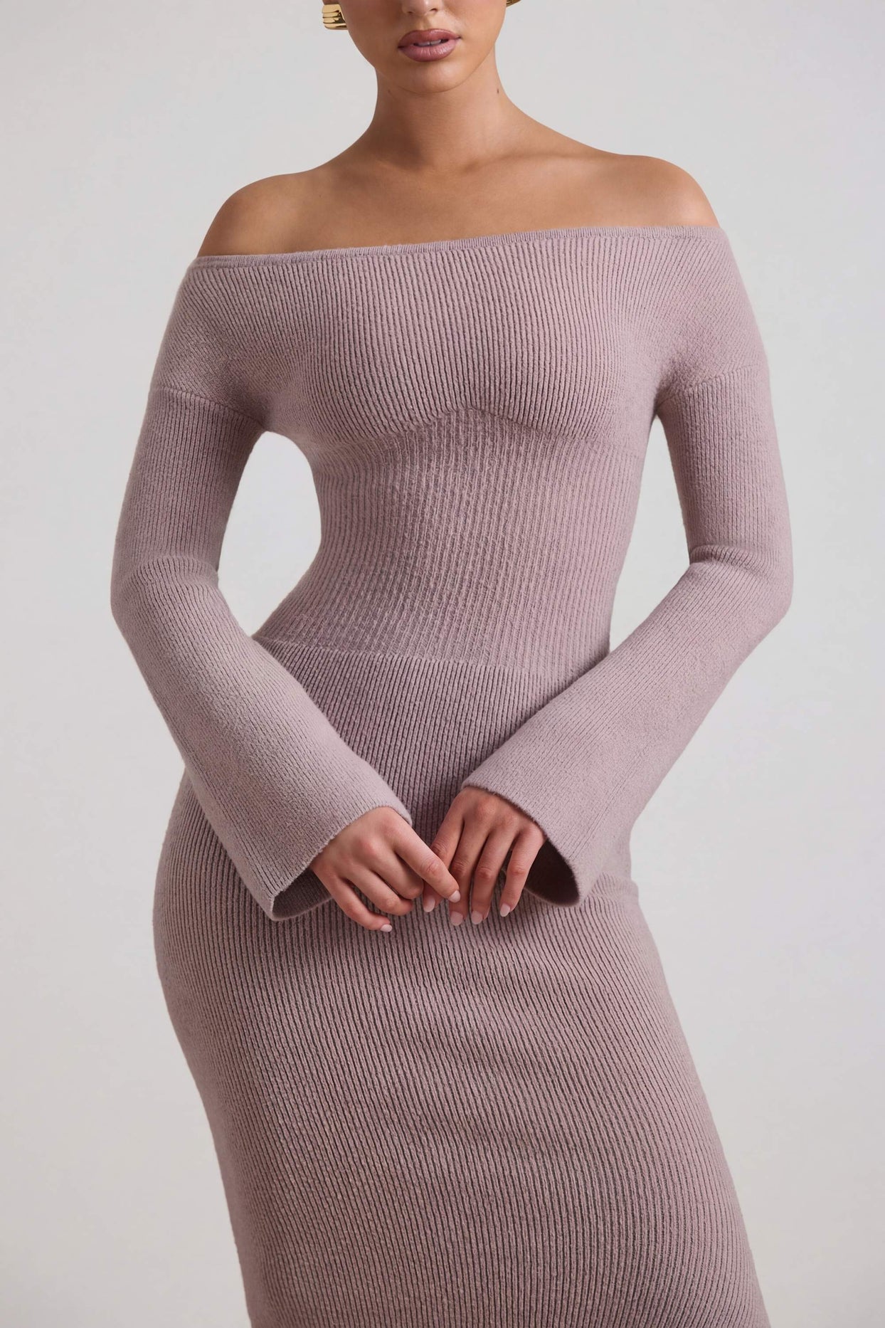 Ribbed-Knit Off-Shoulder Maxi Dress in Taupe - 4