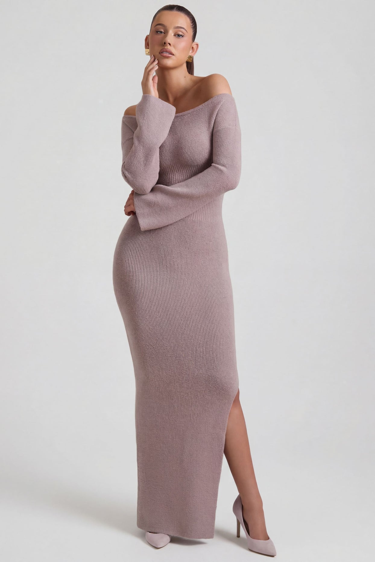 Ribbed-Knit Off-Shoulder Maxi Dress in Taupe - 8