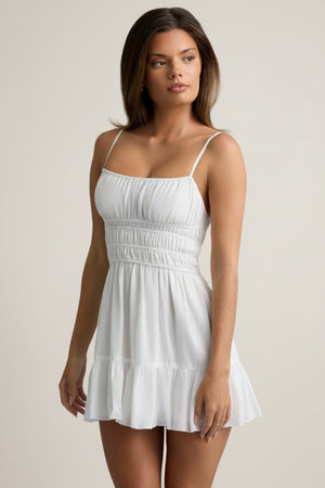 Shirred Camisole Mini Dress in White